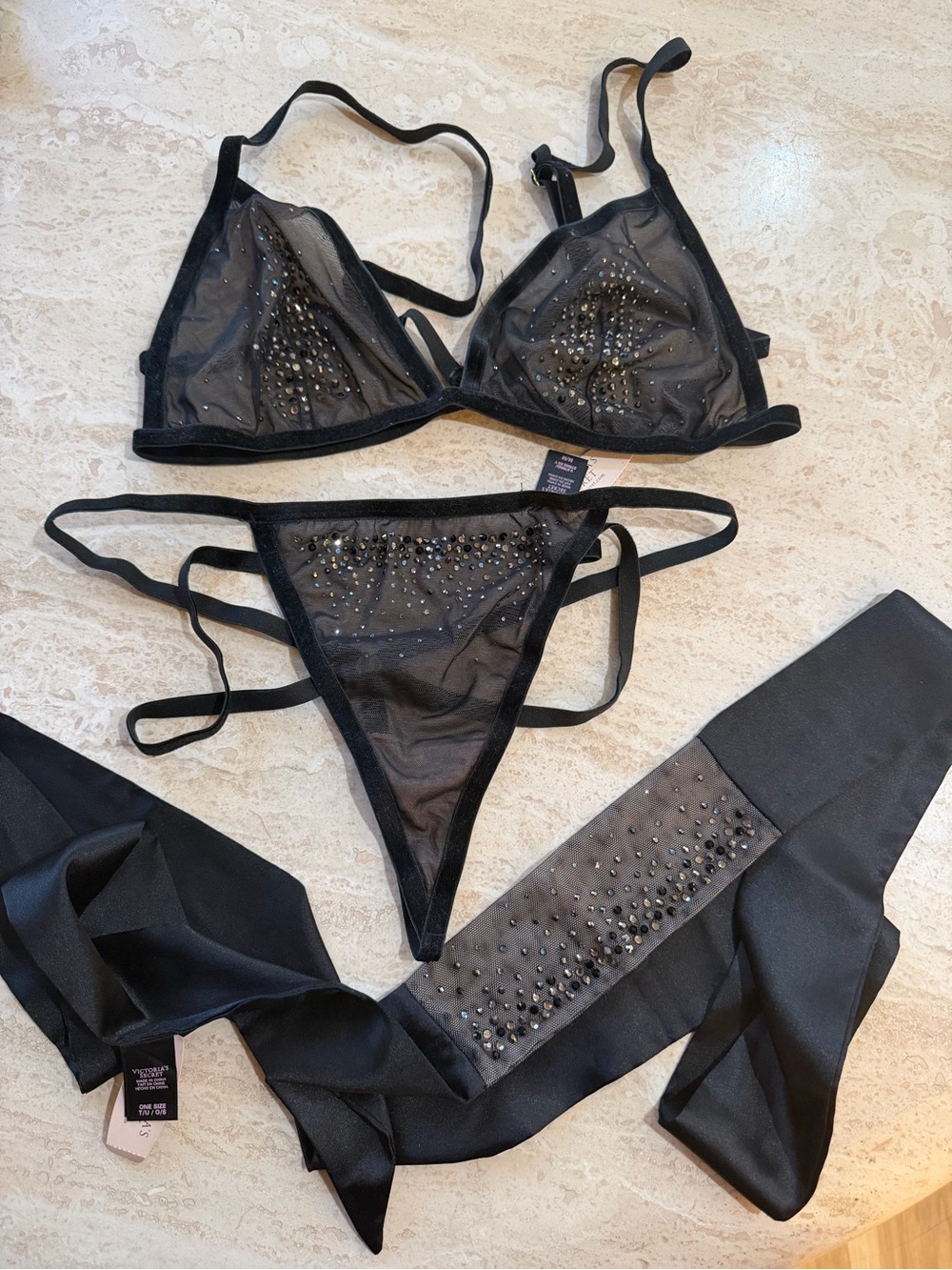 Victoria's Secret Black Mesh Rhinestone Bralette & Thong Set